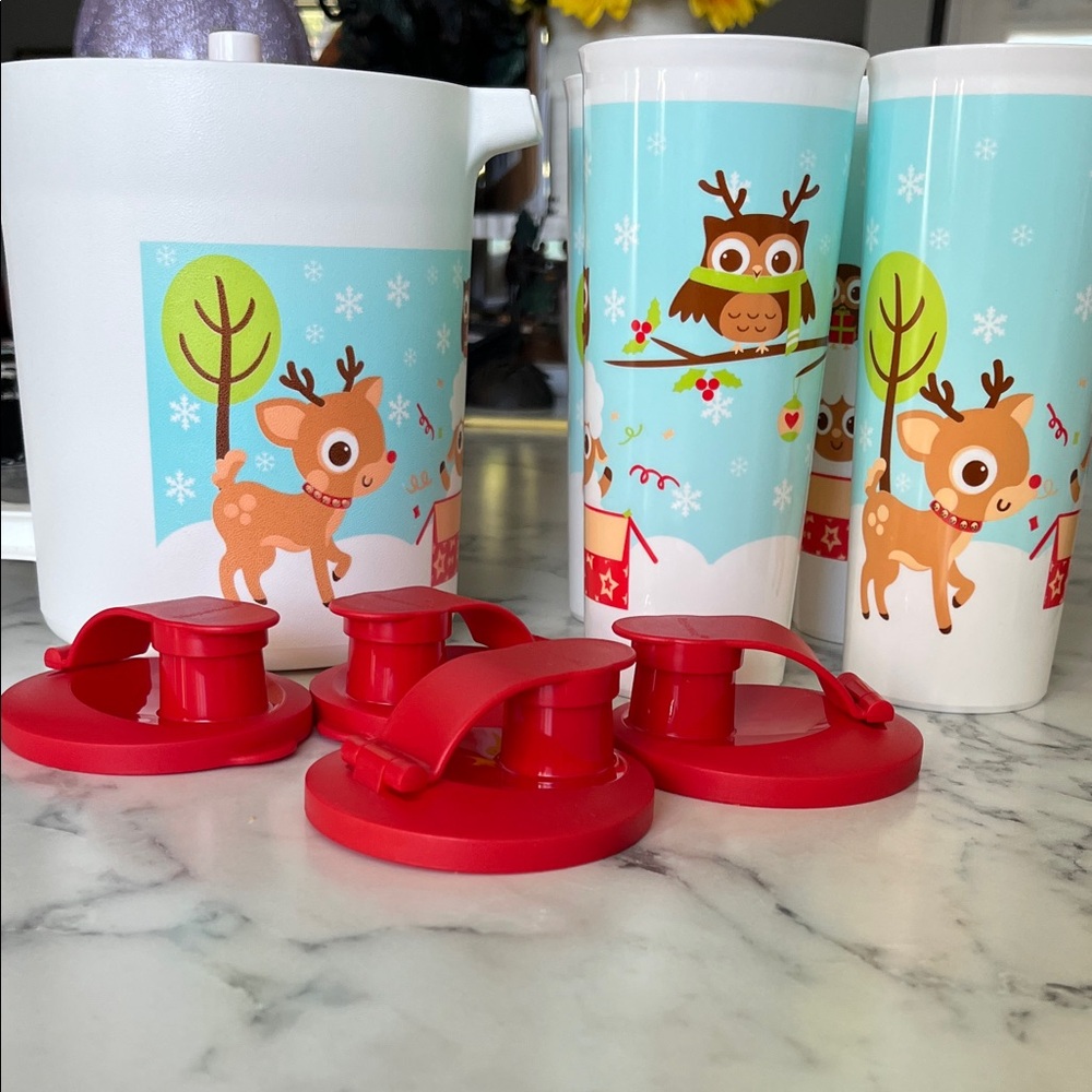 Tupperware Festive Reindeer and Owl Party Set - Red and White